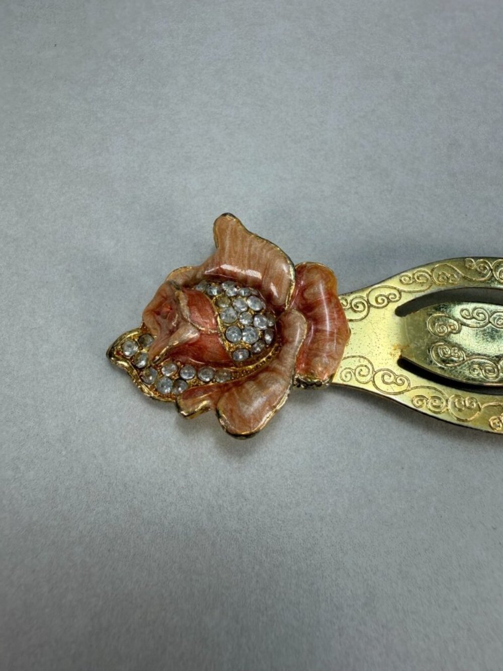 Vintage Floral Enamel Bookmark Pink Rose Rhinestone Gold Tone Metal Book Mark
